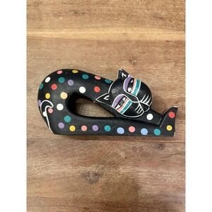 Vintage Hand Carved Wood Cat Hand Painted Polka Folk Art Figure. Read